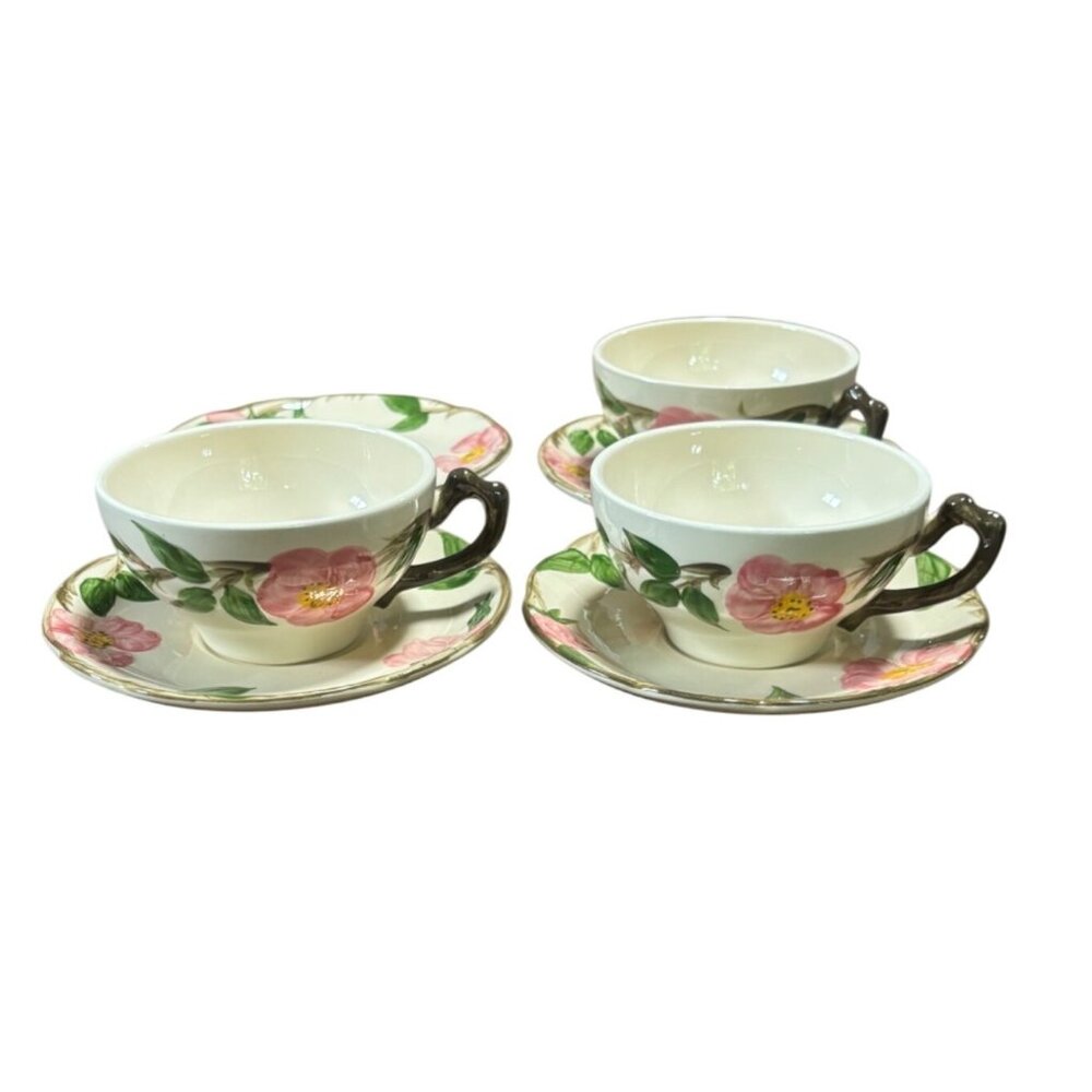 Franciscan Earthenware Flat Cup Saucer Set Desert Rose 3 cups 4 saucers VTG 80s